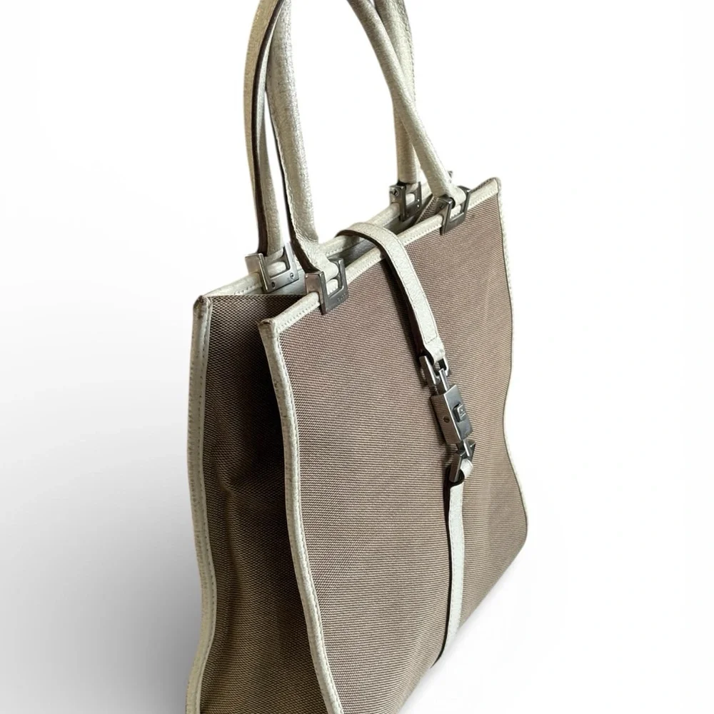 Vintage Gucci Jackie Canvas Tote with leather off white trim silver hard. - Picture 3 of 16